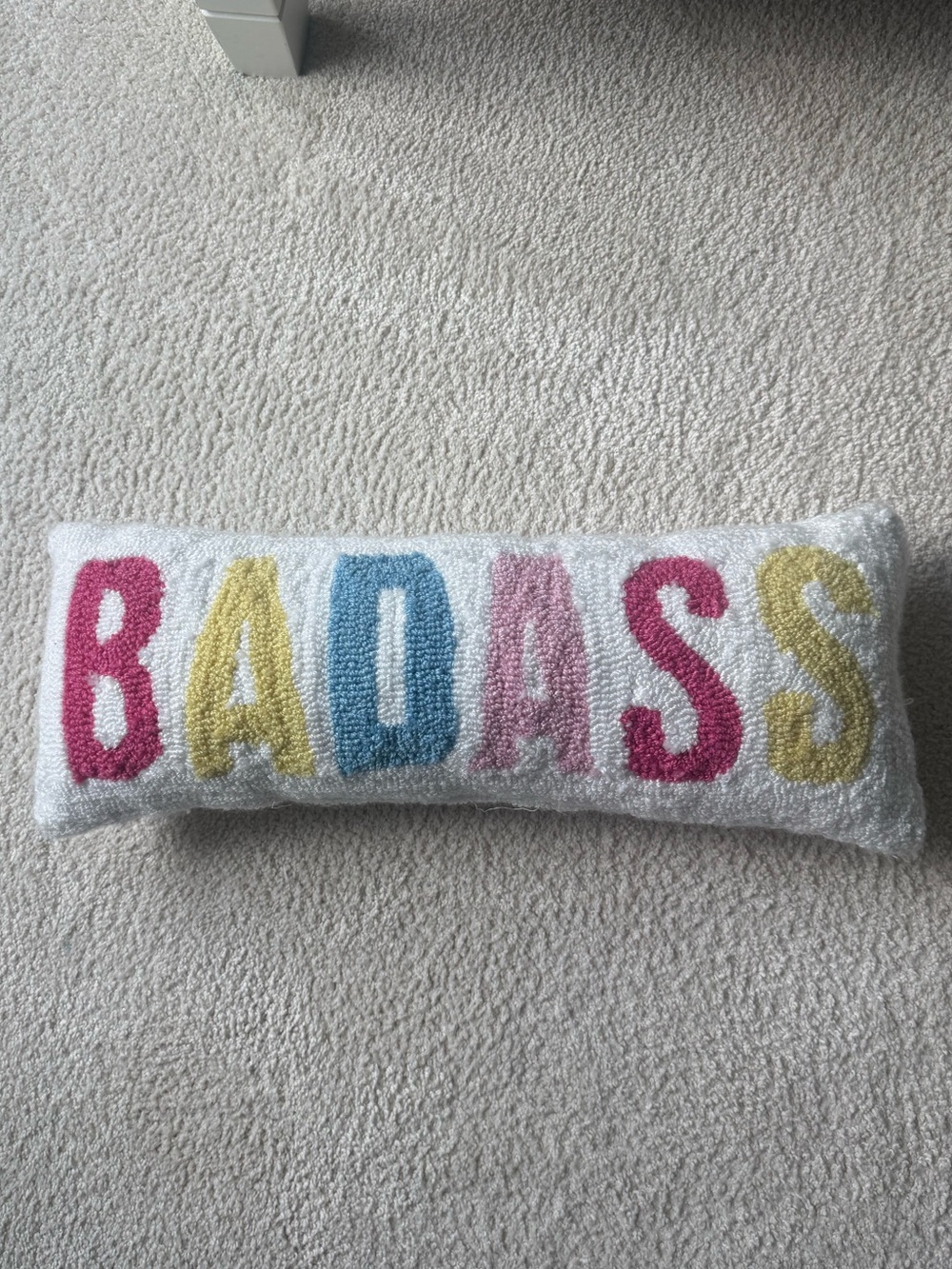 BADASS Hooked Stiched Pillow - Multicolor Letters on White